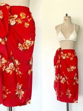 Source Unknown Red Floral Swim Sarong with Yellow Hibiscus Print